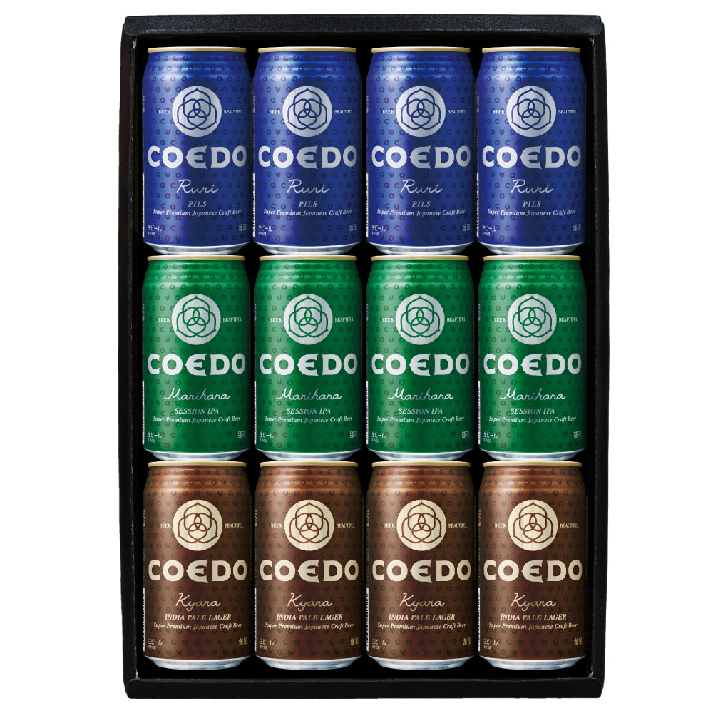 COEDO 缶12本入りギフトセット 瑠璃  Ruri , 伽羅　Kyara, 毬花 Marihana 各4本のアソートセット